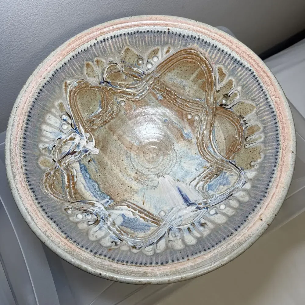 Julie Perry Signed Pottery Large Clay Bowl Tan Blue Glaze Celebrate the Wonder
